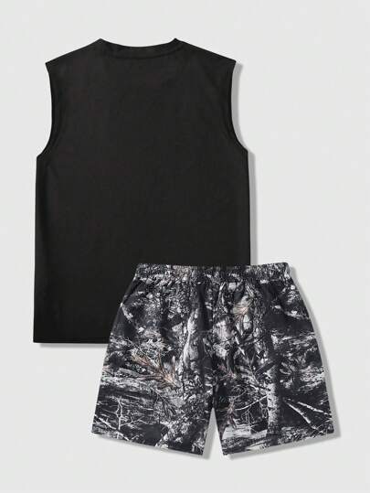 Street Life Men's Hip Hop Figure & Tree Branch Camo Printed Tank Top And Shorts Set