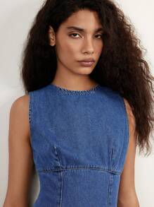 Maija 女士蓝色牛仔无袖圆领修身迷你连衣裙 - 中等水洗藍 - 查看 3