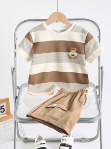SHEIN 2pcs/Set Young Boy Kids Comfortable And Casual Daily Versatile Fashionable Cute Teddy Bear Embroidered Khaki Striped Round Neck Knitted Top T-Shirt And Shorts Set, Suitable For Daily Use, Sports, Outings, Campus, Gatherings, Festivals, Performances, Photography, Back To School Season - Khaki - View 8