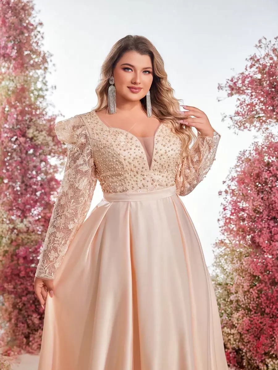 Glamrae Plus Size Luxury Lotus Pink Pearl & Rhinestone Embroidered Satin Patchwork Elegant Evening Gown - Apricot - View 1