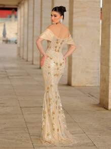 Glamrae Luxurious Off Shoulder Ruched Satin Long Dress With Beads & Sequin Embellishment, Mermaid Silhouette With Train, Suitable For Wedding, Party, Club, Vacation, Formal Occasions, Wedding Guest Dress, Evening Dress - Burnt Orange - View 8