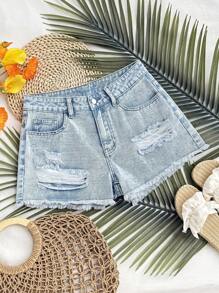 Soleia 女士蓝色牛仔低腰破洞短裤 女士沙滩装 夏季女士夏季装 短裤 狂欢装 节日西部波西米亚风 女士牛仔短裤 女士牛仔短裤 短裤 夏季短裤 女士牛仔短裤 短靴短裤 高腰短裤 女士牛仔短裤