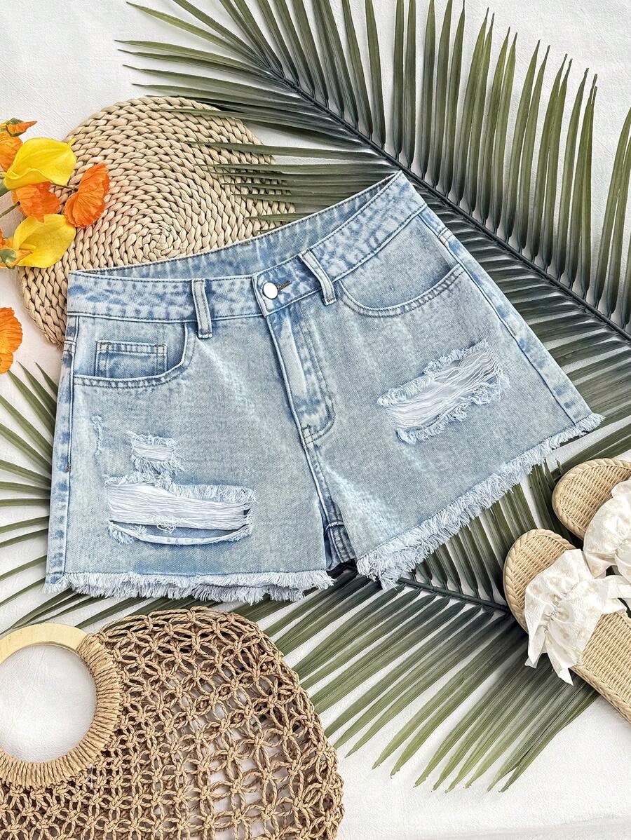 Soleia 女士蓝色牛仔低腰破洞短裤 女士沙滩装 夏季女士夏季装 短裤 狂欢装 节日西部波西米亚风 女士牛仔短裤 女士牛仔短裤 短裤 夏季短裤 女士牛仔短裤 短靴短裤 高腰短裤 女士牛仔短裤