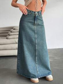 EURMUSE Women's Long Casual Versatile Denim Skirt With Pockets - Light Wash - View 6