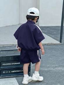 SHEIN Leap Crew 2pcs Kids Boys Casual Korean Style Loose Half-Zip Hoodie & Shorts Set,Summer Short Sleeve Outing Outfit For School,Garden,Beach,Birthday,Spring,Fall - Navy Blue - View 2