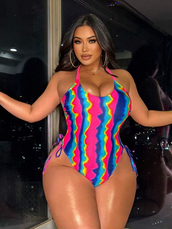 SHEIN Swim Event Costum de baie dintr-o singură piesă cu imprimeu în gradient Tie Dye de mărimi plus
