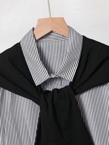 3 件套青少年女孩休闲宽松粉色条纹衬衫，粉色斗篷装饰，宽腿编织宽松工装裤，适合春夏季 - 黑色 - 查看 8