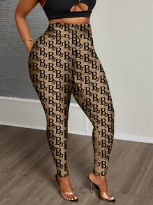 Slaydiva Casual Minimalist Full Print Classic Letter & Floral Pattern Plus Size Leggings - White - View 3