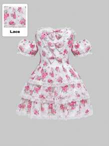 Kawaii Váy ngắn thắt nơ ren họa tiết hoa cho nữ, trang phục mùa hè - Nhiều màu - Xem 1