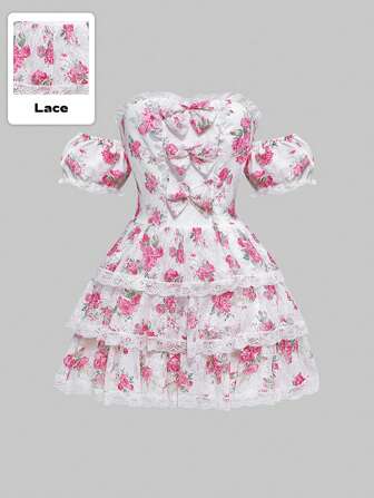 Kawaii Vestido corto con estampado floral y adorno de encaje con lazo para mujer, conjunto de verano