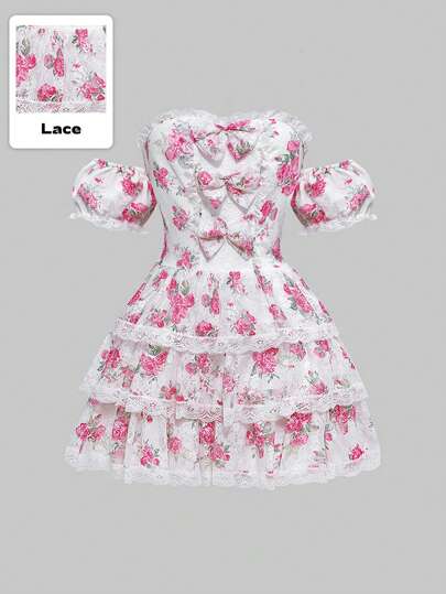 Kawaii Short Floral Print Lace Trim Bowknot Dress For Women, Summer Outfit
