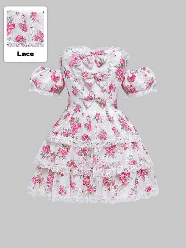 ROMWE Kawaii 女式短款花卉印花蕾丝边蝴蝶结连衣裙，夏季服装