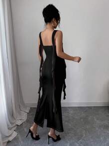 Elenzga 25 浪漫优雅水母蝴蝶结紧身网眼拼接鱼尾连衣裙，修身修身，春夏