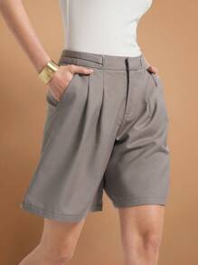 Ontre 2025 女式褶皱纯色休闲中腰短裤