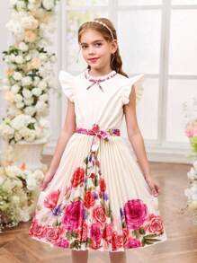 SHEIN Tween Girls Minimalist Fashion Casual Everyday Digital Print Pleated Dress - Apricot - View 1