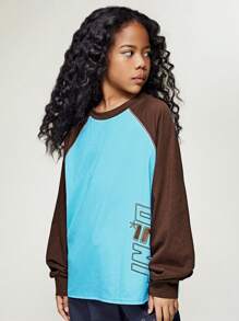 JNSQ Nouveaux sweats à capuche décontractés à manches longues pour enfants, pulls blocs de couleurs à col rond avec imprimé graphique de lettres pour enfants