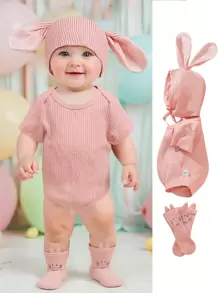 SHEIN 3pcs Newborn Cute Rabbit Ear Hat, Romper & Socks Set, Soft Knit Fabric, Suitable For 0-9 Months, Spring/Summer, Daily Wear, Easter, Birthday Photo Shoot, Outdoor Activities - Pink - View 1
