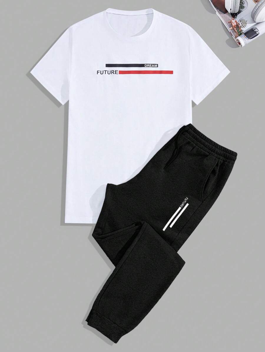 RueChic Men Cottonline Letter Printed Regular T-Shirt & Pants Set - Black - View 1