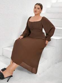 Aveloria Modichic Plus Size Deep Brown Mulberry Silk Bamboo Texture Round Neck Cinched Waist Ruffle Cuff Long Sleeve Dress - Coffee Brown - View 3