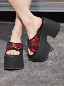 Sugerpunk Ladies' Fashion Buckle Thick Sole Sandals - Punk Style Casual Open Toe Platform Shoes For Summer - Comfortable Breathable Easy Slip-On - Red - View 5