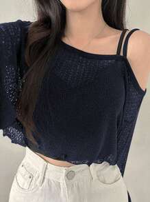 DAZY 女式不对称肩部不对称 T 恤，简约时尚，适合夏季长袖女上衣、秋季女装短款女上衣 - 藏蓝色 - 查看 4