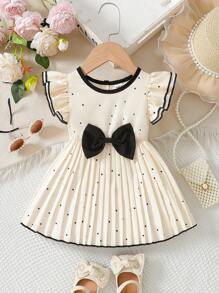 Toddler Girls' Fashion Simple Dress, Black Polka Dot Print On Apricot Base, Exquisite Pleated Craft, Classic Black Accents Ruffle Sleeves, A-Line Loose Fit, Versatile Daily Style, Sweet & Cute Yet Elegant - Apricot - View 3