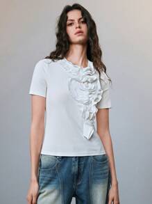 SHEIN LUNE 春夏新款时尚白色针织修身圆领三层荷叶边女式手工花朵上衣