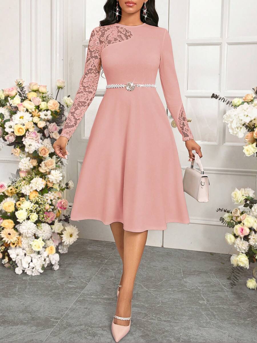 SHEIN Lady 女士优雅派对纯色蕾丝拼布中长连衣裙 - 藕粉色 - 查看 1