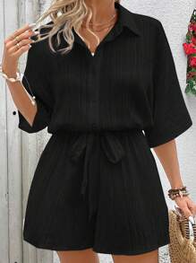 SHEIN VCAY Bộ đồ liền thân tay ngắn màu trơn cỡ lớn, tối giản và thời trang phù hợp cho mùa hè - màu đen - Xem 3