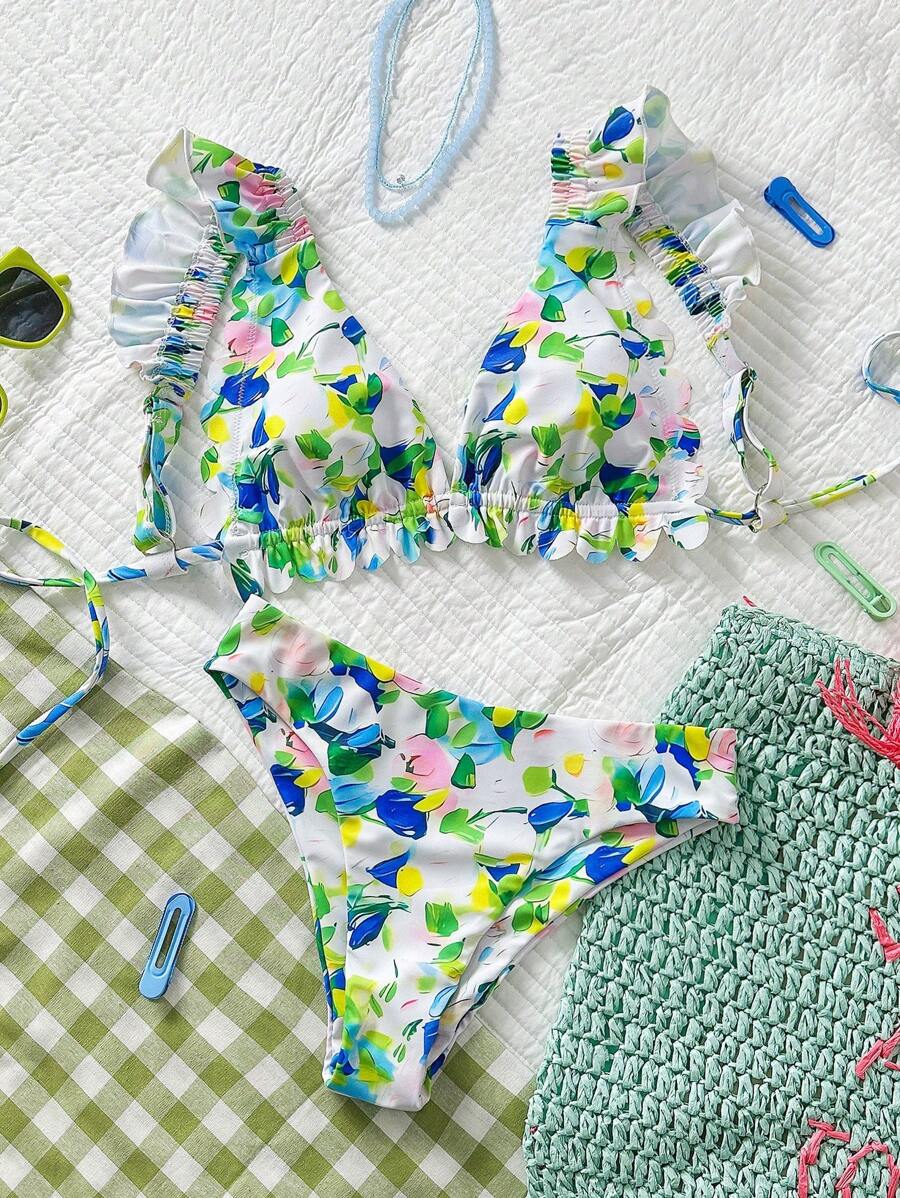 Swim Mod Women's Floral Print Ruffle Trim Cute Retro Bikini Set, For Summer Beach Vacation - Multicolor - View 1
