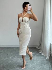 Chiquease New Sexy Fitted Boho Vacation Beach Backless Hollow Halter Lace-Up Women Sweater Dress, Suitable For Spring/Summer