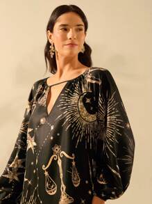 CAJUNI 女士波西米亚风太阳、月亮、星星、全身印花镂空灯笼袖迷你连衣裙，度假休闲 - 黑色 - 查看 4