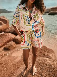 Poéselle Set de 2 piezas - Camisa y shorts casuales para vacaciones, ropa occidental para mujer