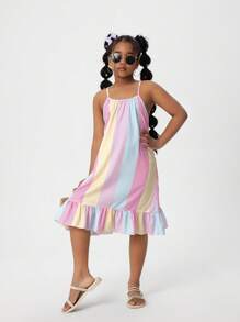 SHEIN Girls Rainbow Multicolor Stripe Print Spaghetti Strap Ruffle Hem Casual Holiday Dress - Multicolor - View 6