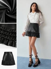 MOTF STUDIO Falda de vuelo con volantes de piel sintética - Negro - Ver 8