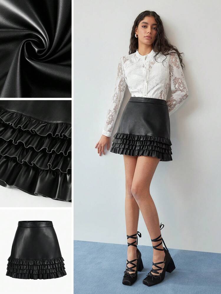 MOTF STUDIO PU LEATHER RUFFLE HEM SKIRT