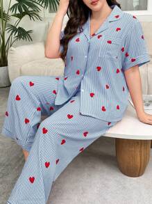 SHEIN Blue Striped Heart Print Lapel Short Sleeve Top & Long Pants Plus Size Pajama Set - Multicolor - View 5