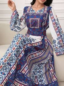 Al Najma U领复古印花喇叭袖摆裙，阿拉伯风格，春夏，端庄