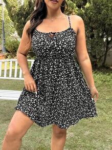 SHEIN EZwear Plus Size Black Ditsy Floral Bohemian Style A-Line Dress, Holiday Season, Spring/Summer