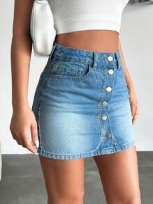 EURMUSE WOMEN LOW WAIST MINI SKIRT BUTTON ON FRONT BLUE WASH - Medium Wash - View 3