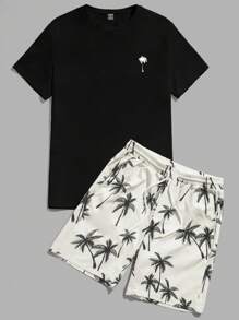 Manfinity BRENVOR 2 buc/Set Set de tricou și pantaloni scurți pentru bărbați, casual, imprimat cu palmieri, pentru vară - Negru - Vizualizare 4