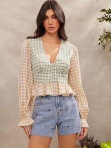 WESTFADE Spring Colorblock Gingham Checkered Plaid V Neck Button Front Long Sleeve Ruffle Peplum Western Cowgirl Top Summer Casual Beach Vacation