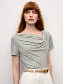 BizChic Women's Solid Color Asymmetric Neckline Simple Fashion T-Shirt, Suitable For Summer - Grey - View 1