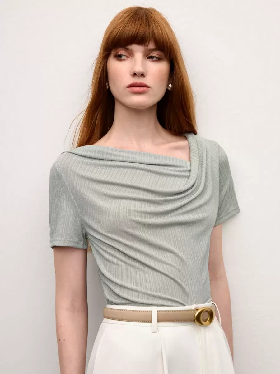 BizChic Women's Solid Color Asymmetric Neckline Simple Fashion T-Shirt, Suitable For Summer - Grey - View 1