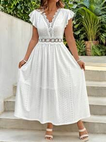SHEIN Clasi Vestidos de primavera y verano para mujer, tallas grandes, de punto jacquard blanco, encaje elástico, cuello y cintura patchwork, corte en A, manga corta, elegantes vestidos de verano, vestidos blancos, vestidos de verano, vestidos blancos, vestidos elegantes, vestidos de verano, vestidos de tallas grandes, vestidos elegantes, vestidos de fiesta.