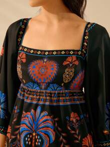 CAJUNI 女士波西米亚风热带椰子树、银杏叶和鹦鹉印花黑色底色灯笼袖短裙休闲海滩夏装 - 彩色 - 查看 4