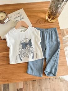 SHEIN LMoss Kids Babygirl Cute Graphic Short Sleeve T-Shirt With Elastic Waist Blue Pants Set, Summer Casual - Blue - View 7