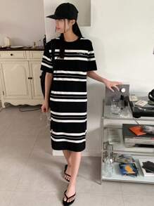 DAZY Tween Girl Letter Striped Round Neck Short Sleeve Casual Long Dress - Black and White - View 3