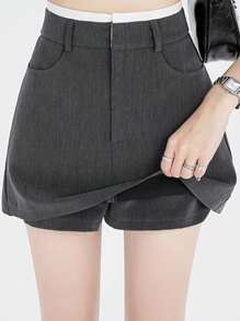 DAZY 女士撞色腰带直筒紧身迷你裙 - 灰色 - 查看 7