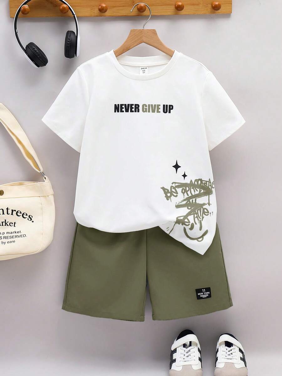 SHEIN 2pcs/Set Tween Boy Casual School Cute Pattern Crew Neck T-Shirt And Shorts Set,Suitable For Commuting,Daily Outings,Sports,Spring/Summer - Army Green - View 1